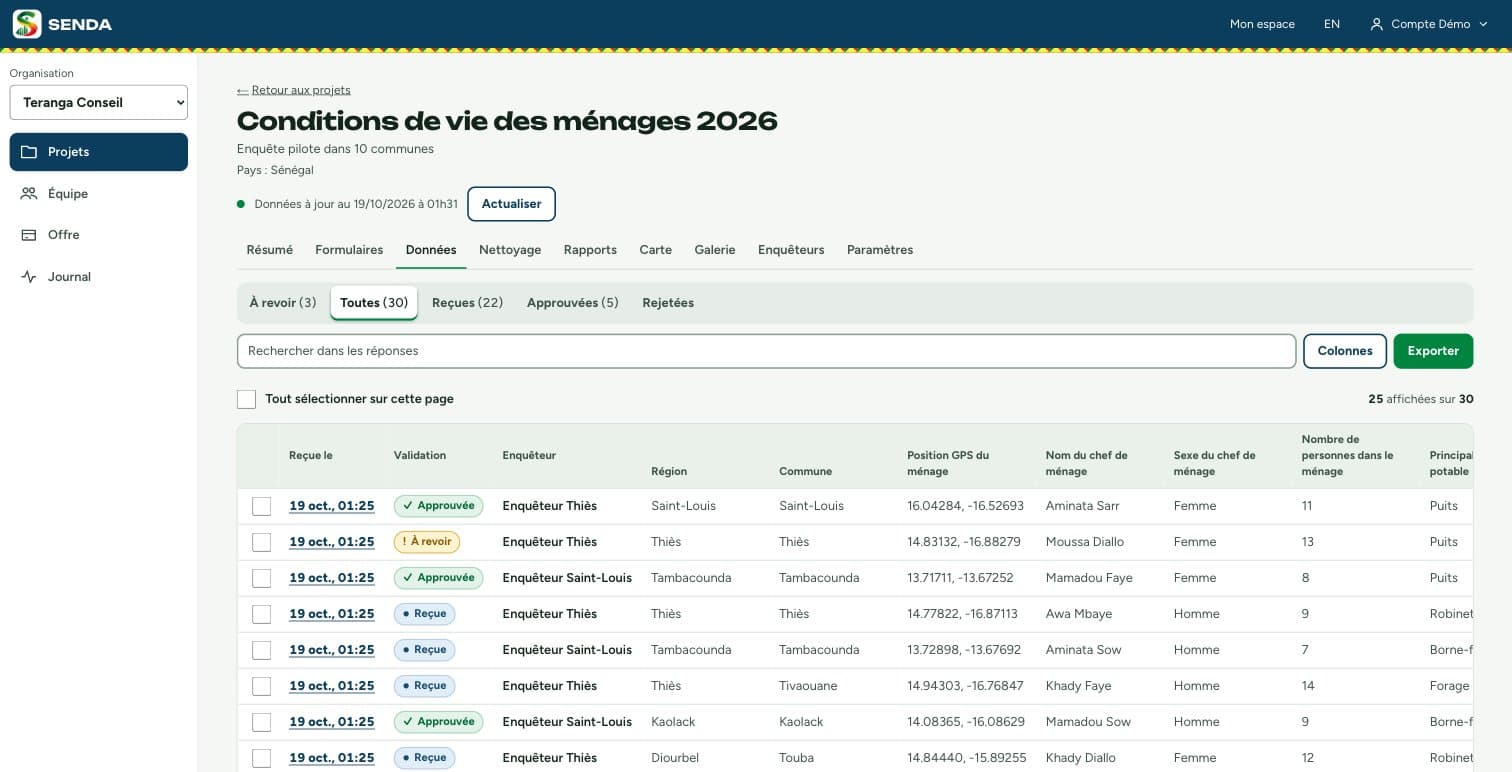 Capture d'écran de SENDA : Le tableau des réponses dans SENDA